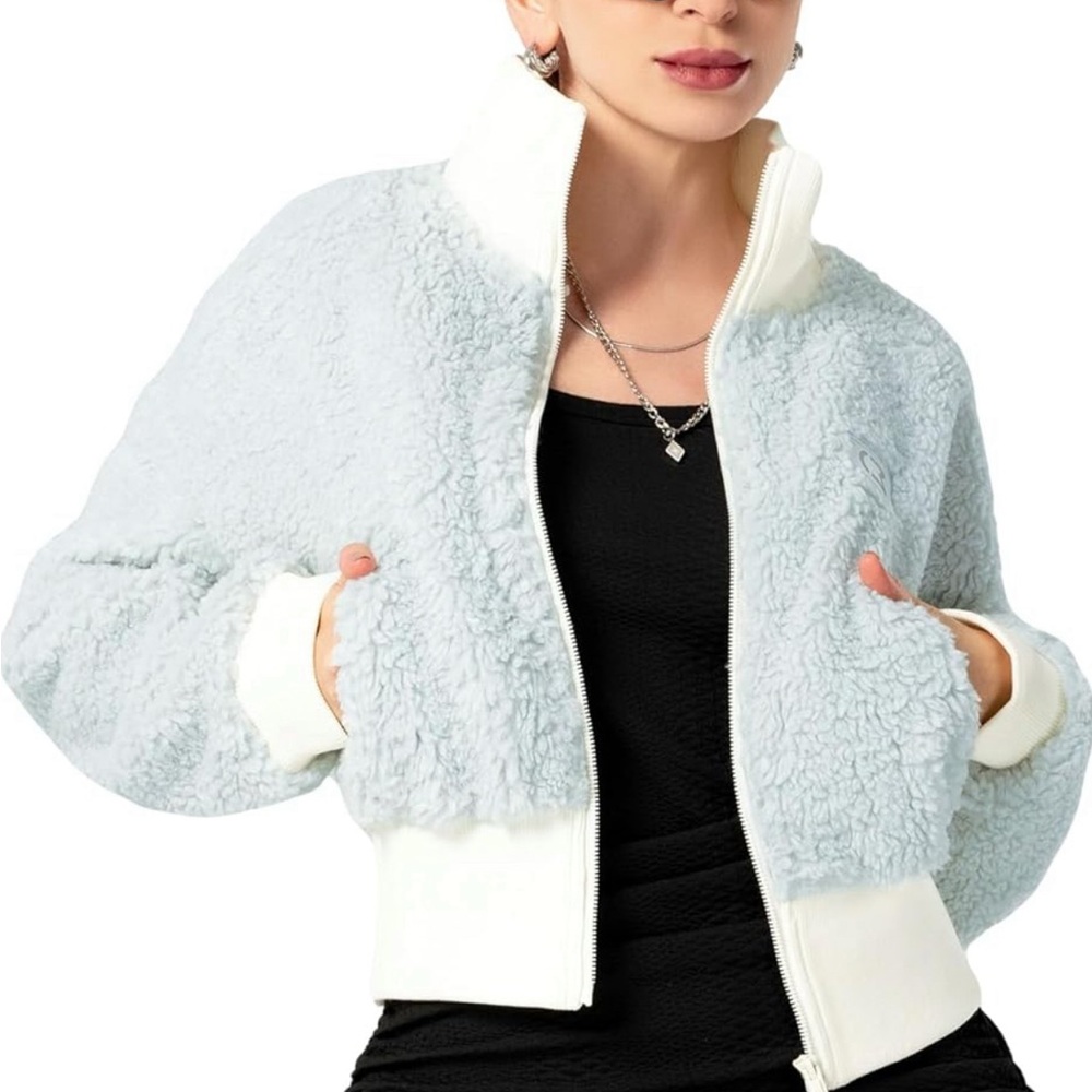 Full Zip Fleece Short Jacket Women’s Stand Collar Fuzzy Coat Size Blue Small